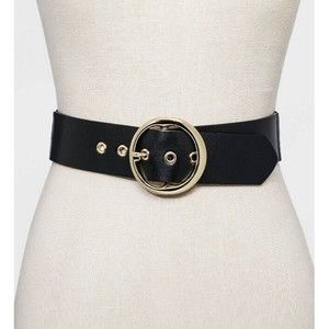 Black Leather Belt Women’s Size Large - Black With Gold Round Buckle A New Day